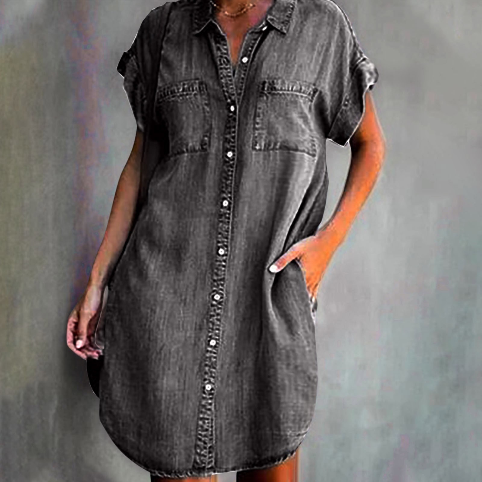 Distressed Jean Denim Dresses for Women Short Sleeve Long Dress V Neck Button Loose Maxi Dresses Fashion Dress